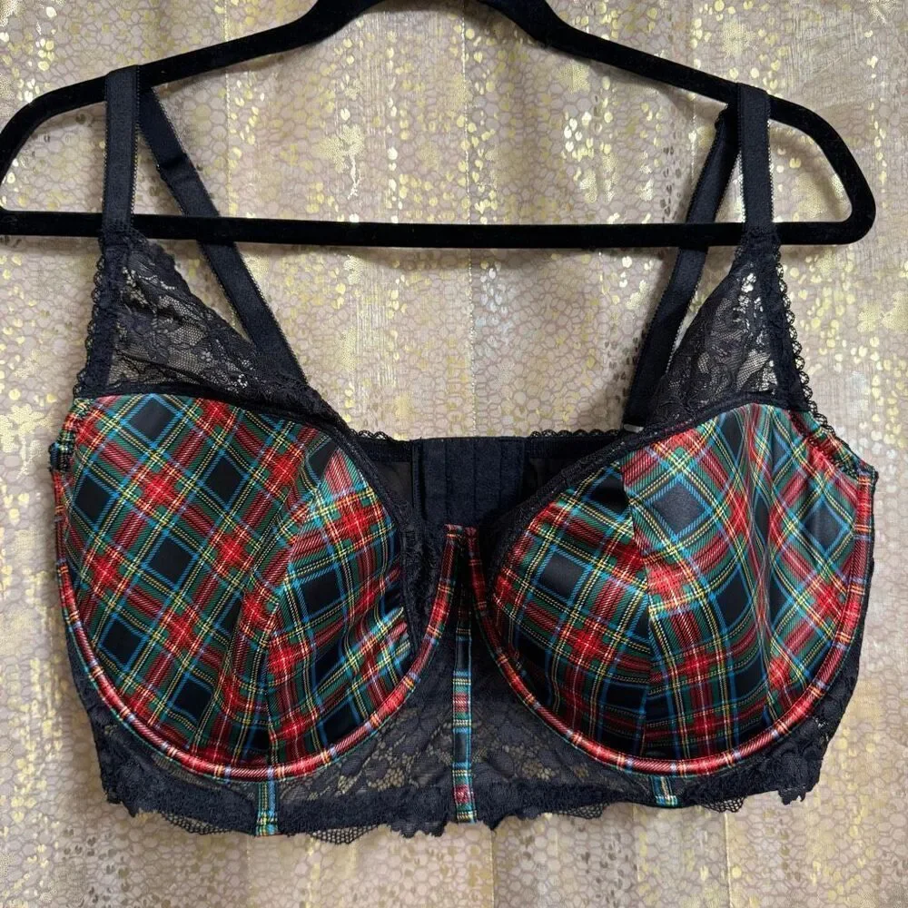 Adore Me Red Green Plaid Rochelle Plus Black Lace Bra Lingerie‎ Set 40H 2X
